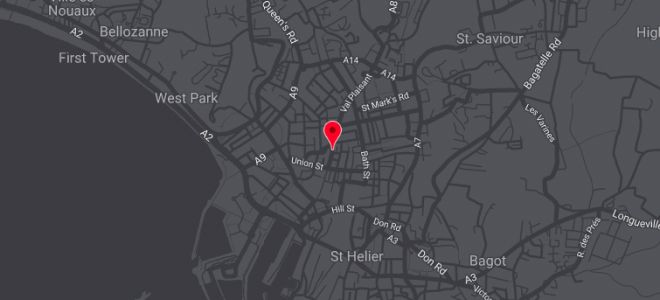 Map view showing a red pin marker over 'ProcessorCentre' located on New Street in St. Helier, Jersey, with surrounding streets and landmarks in grayscale.