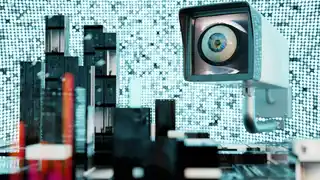 Detect and Response; the executive's guide to modern IT security Conceptual image of a surveillance camera with a human eye scanning over a miniature cityscape, representing themes of security, privacy, and the intersection of technology with personal oversight.