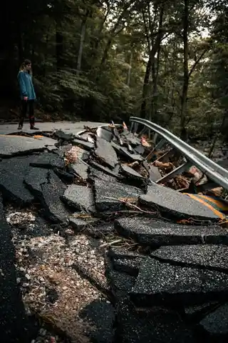 Top 7 IT management pitfalls A person standing on a damaged and cracked road amidst a forested area, with broken pieces of asphalt and a crumpled guardrail visible, indicating recent road destruction possibly due to natural forces such as an earthquake or landslide.