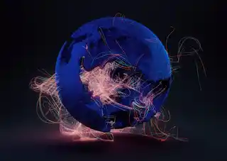 A digital globe with dynamic neon light trails on a dark background, symbolising global connectivity and data exchange.