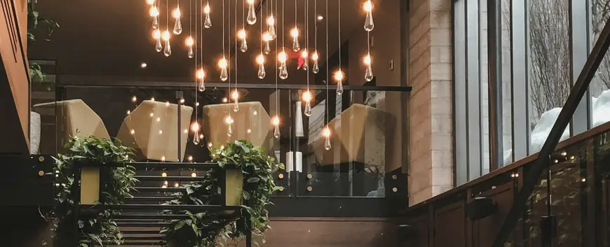 Elegant indoor setting of a hospitality venue with cascading Edison light bulbs, lush greenery, and a chic staircase, exuding a warm and inviting ambiance.